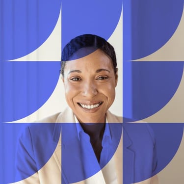 Smiling woman in a light sweater against a purple background with geometric overlay.