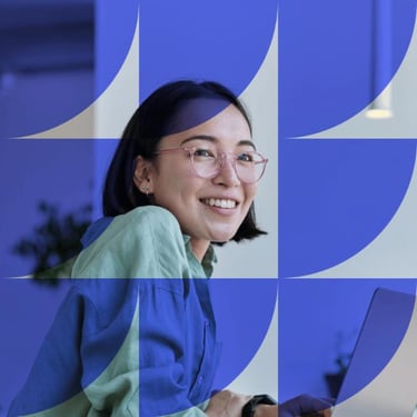 Smiling woman in a green shirt against a purple background with geometric overlay.