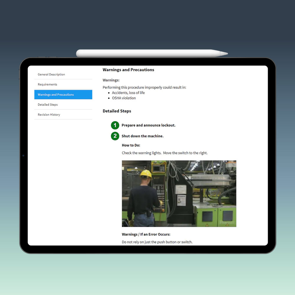Lock out Tag Out work instruction on a tablet